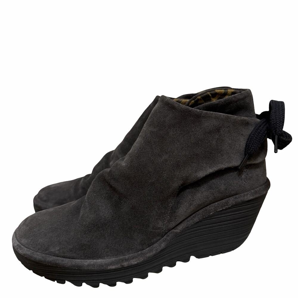 Fly London Womens Yebi Suede Ruched Wedge‎ Ankle Boots EU 41 US 10 Charcoal MINT